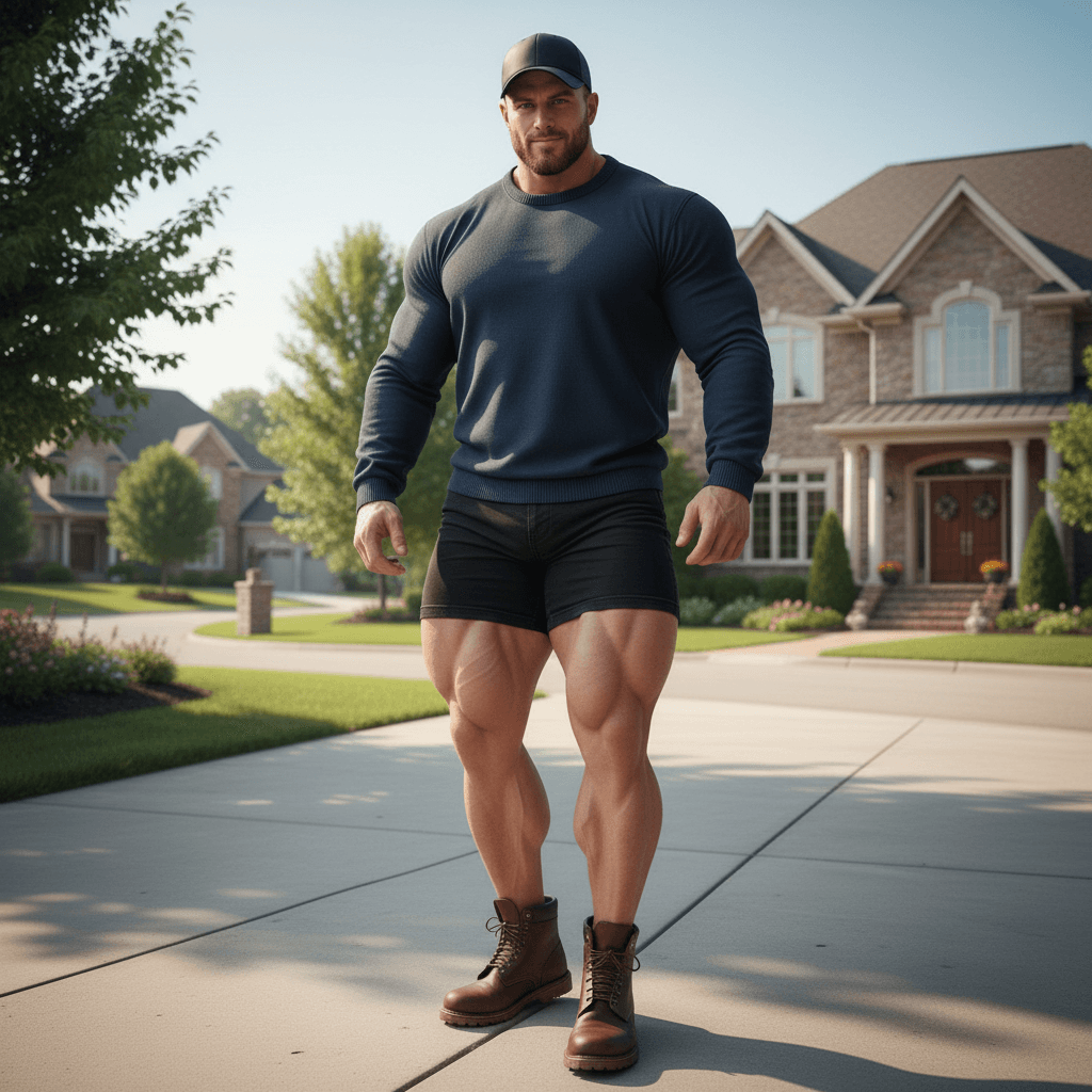 AI generated:  At a large driveway during a beautiful afternoon in a nice neighborhood. The model is a bodybuilder...