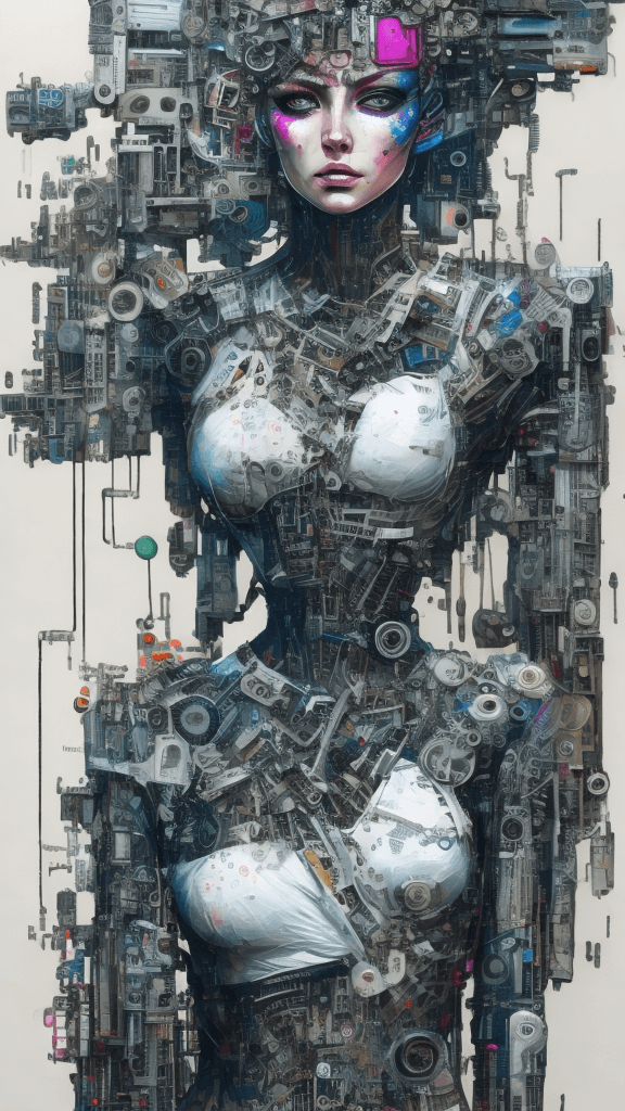 AI generated: Full body view of a woman's white face with flat white skin, intricate cyberpunk art inspired by San...