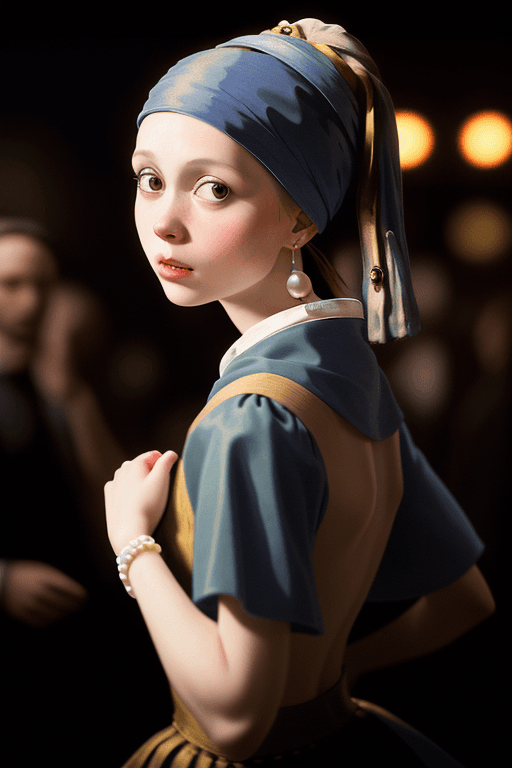 AI generated: "Girl with a pearl earring" modern digital photograph, in Belgium, dancing at a club, looking at her...