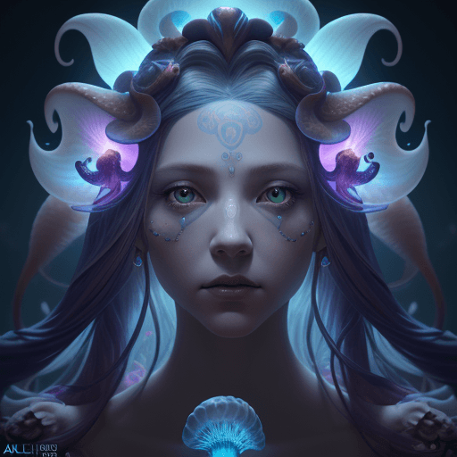AI generated: Goddess close-up portrait ribcagel. jellyfish phoenix head, nautilus, orchid, skull, betta fish, bio...