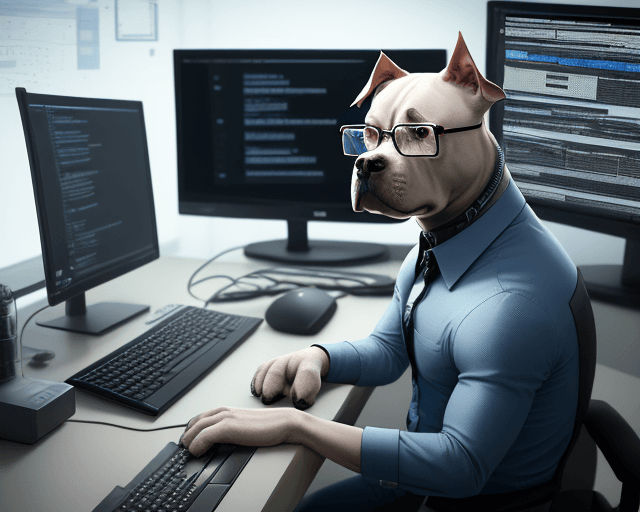 AI generated: pitbull dog with glasses sitting programming in front of a desktop computer looking at the monitor a...