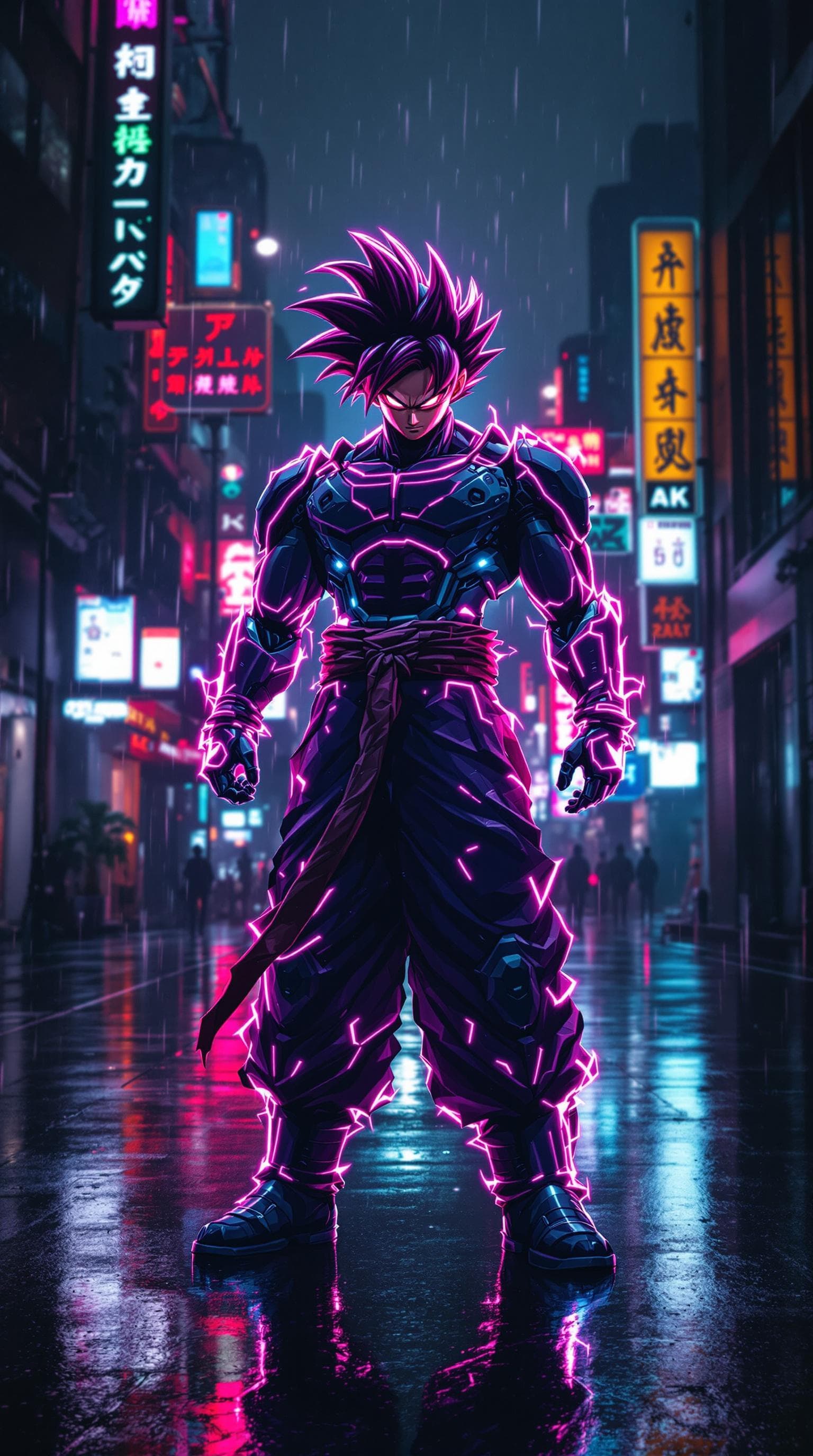 AI generated: Cyborg version on Goku standing in the street of a dark rainy neon dystopian city, blade runner tone...