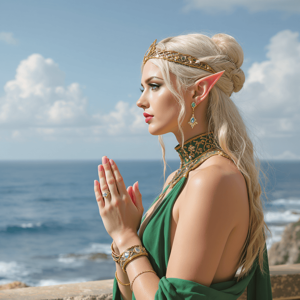 AI generated: male,man,elf man,elf ears,pointy ears,blonde hair,long hair,half updo,gold headpiece,parted lips,blu...