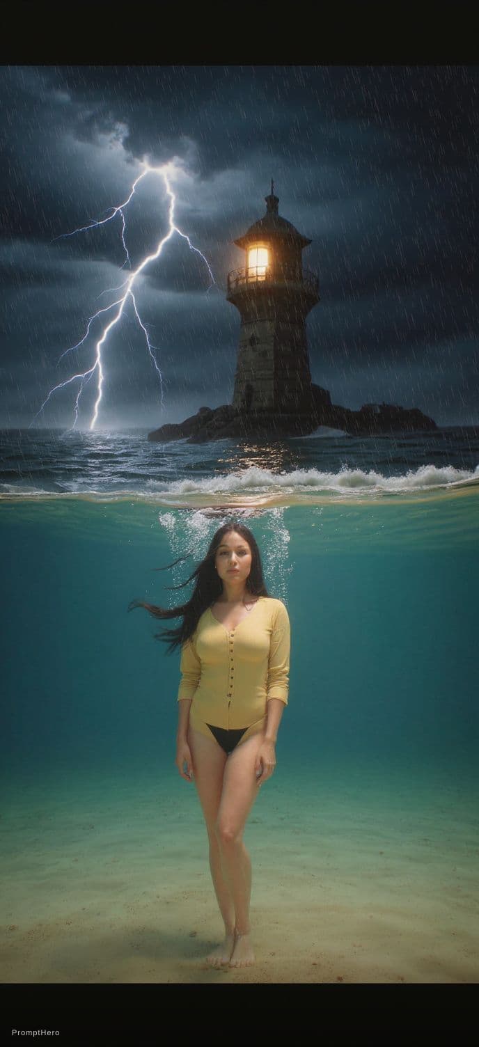AI generated: A cinematic split-frame composition where the lens is half-submerged underwater. Below the surface, ...