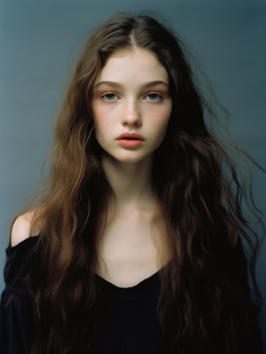 AI generated: a woman in a black dress posing for a picture, ryan mcginley, long hair blue centred, she looks like...