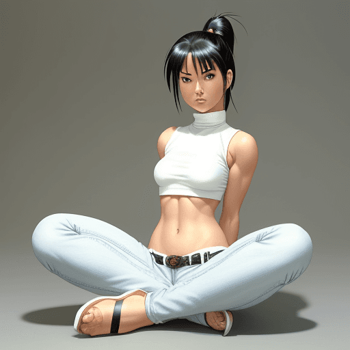 AI generated: an old ninja girl in white top and jeans is sitting, in the style of HAJIME SORAYAMA