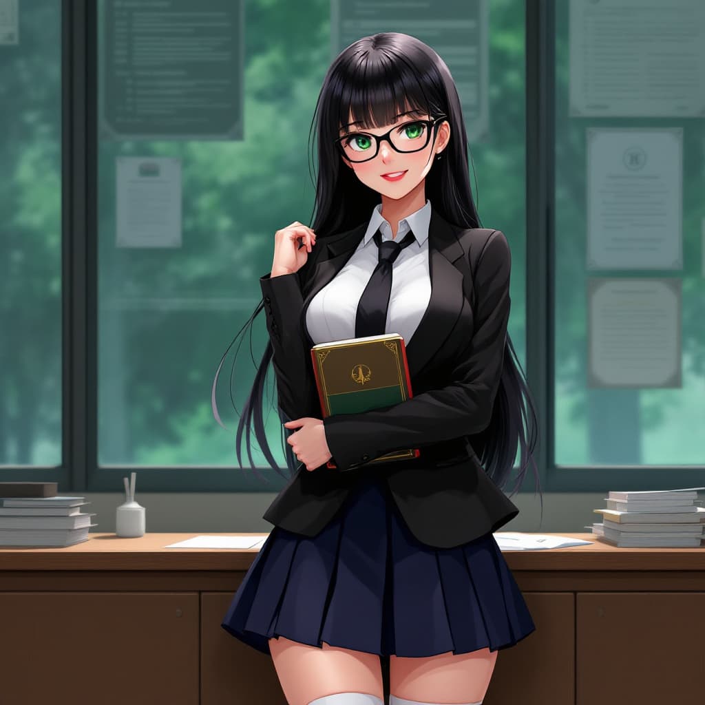 AI generated: anime, woman, black hair, long hair, green eyes, black glasses, red lips, white shirt, black tie, bl...