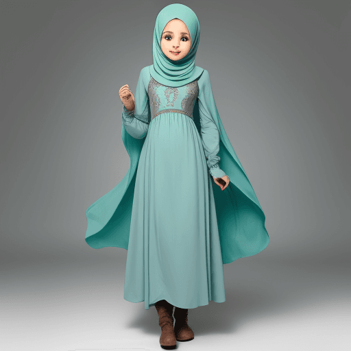 AI generated: beautiful Muslima in mint long hijab wearing baby blue medieval long dress, teal boot