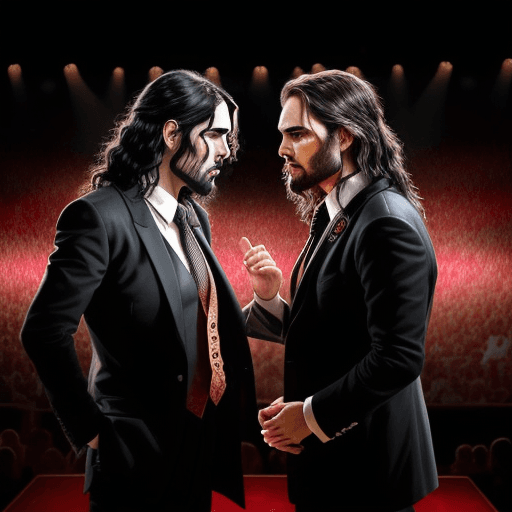 AI generated: A picture of Jordan Peterson as two face on a stage with Russell brand as Jesus Christ praying toget...