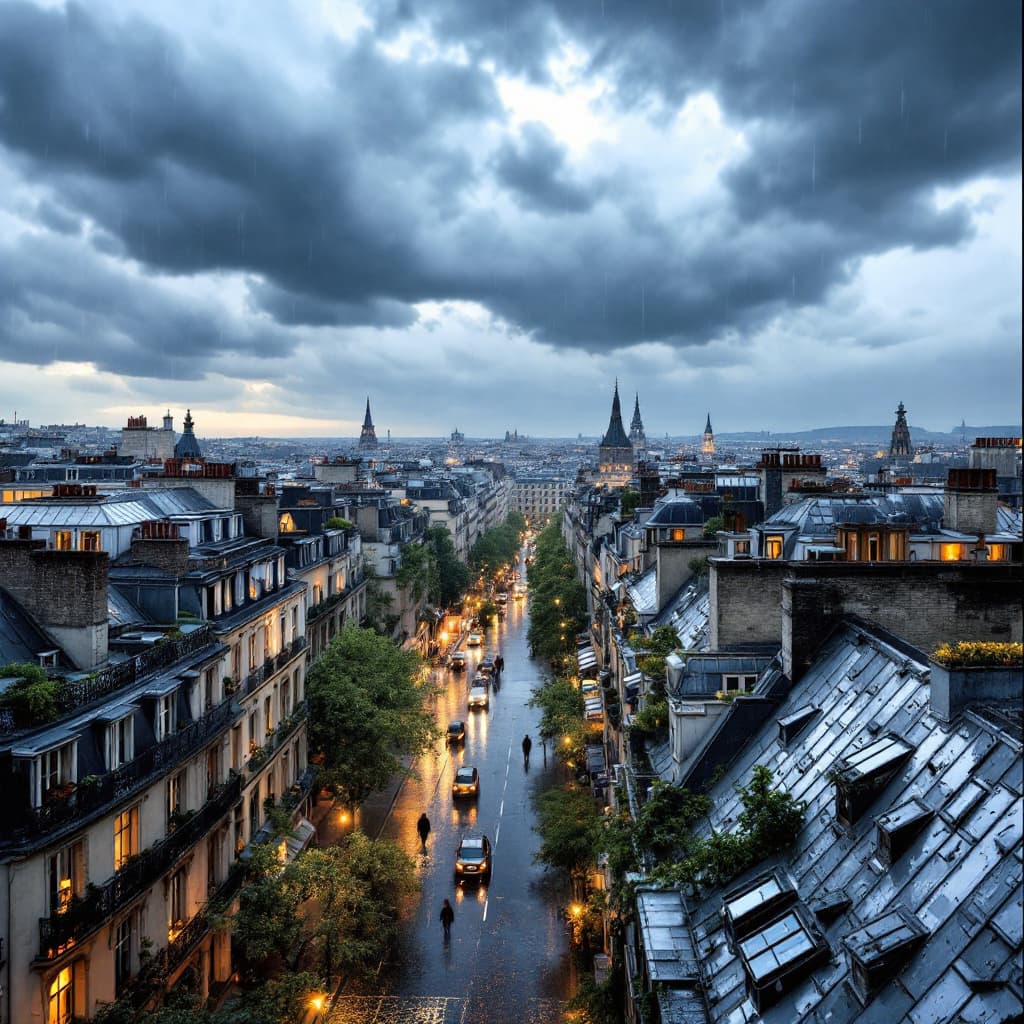 AI generated: a panoramic view above the Paris rooftops under the rain, the zinc roof textures are shinny