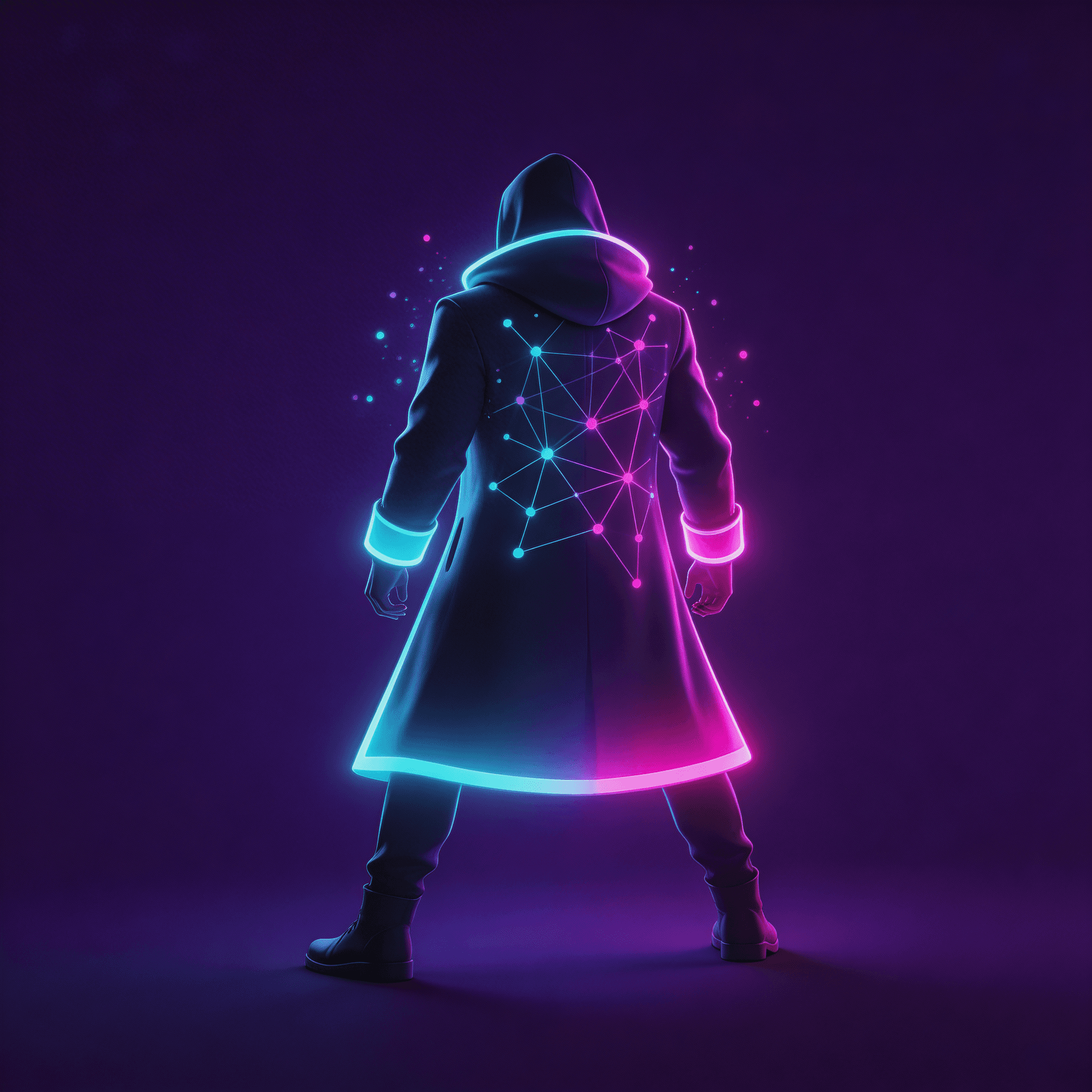 AI generated: single futuristic character seen from behind, full body, standing confident 
wide stance, wearing el...