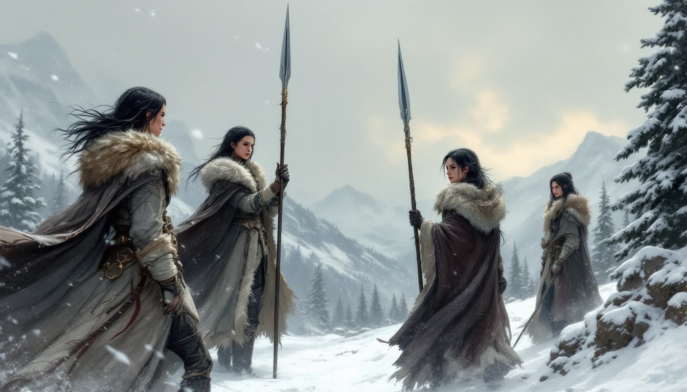 AI generated: a wide-angle, fantasy-themed painting of four female warriors set off in the distance in a snowy lan...