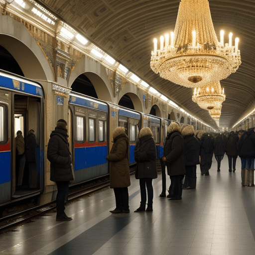 AI generated: People waiting beside empty tracks in a Russian underground station with chandeliers 