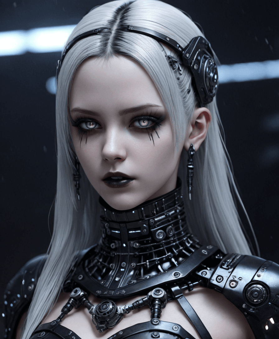 AI generated: hyperrealistic art {Hyper realistic Cybernetic goth female with a ((flat chest))} . extremely high-r...