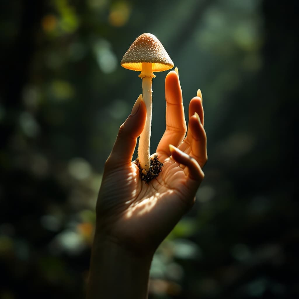 AI generated: elegance female hand, side view reaching up. the fingers are turning into mushrooms. dramatic lighti...