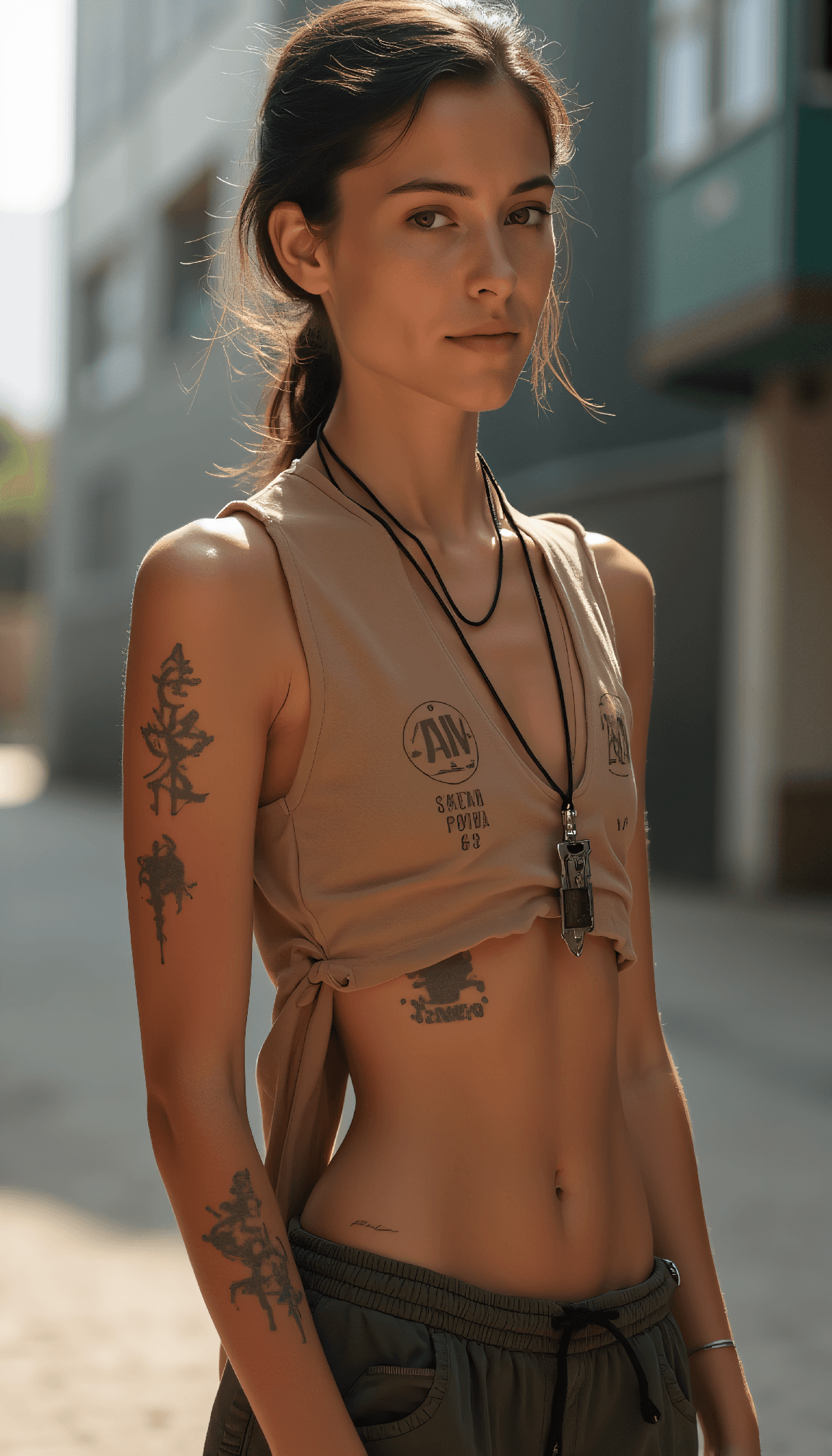 AI generated: travel photography, Dynamic architectural view waist up half body photo of a 24-year-old Malagasy-Je...