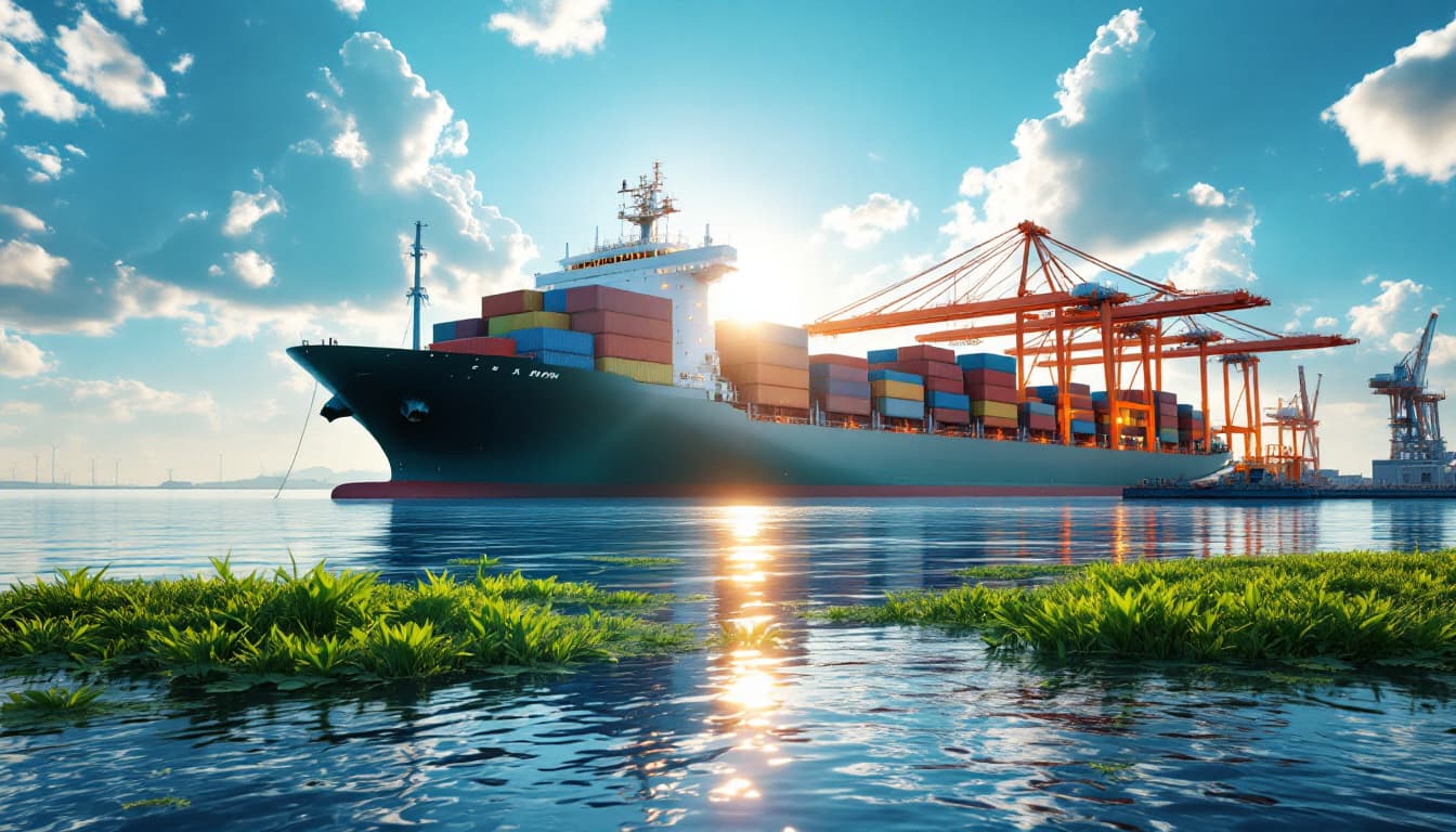 AI generated: A hyper-realistic image of a large container ship in a port, dramatic light, Blue skies, warm sunlig...