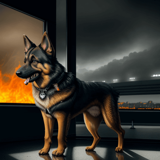 AI generated: a realistic german shepherd in an airport lobby panicking- the scene very gloomy and dark - in the b...