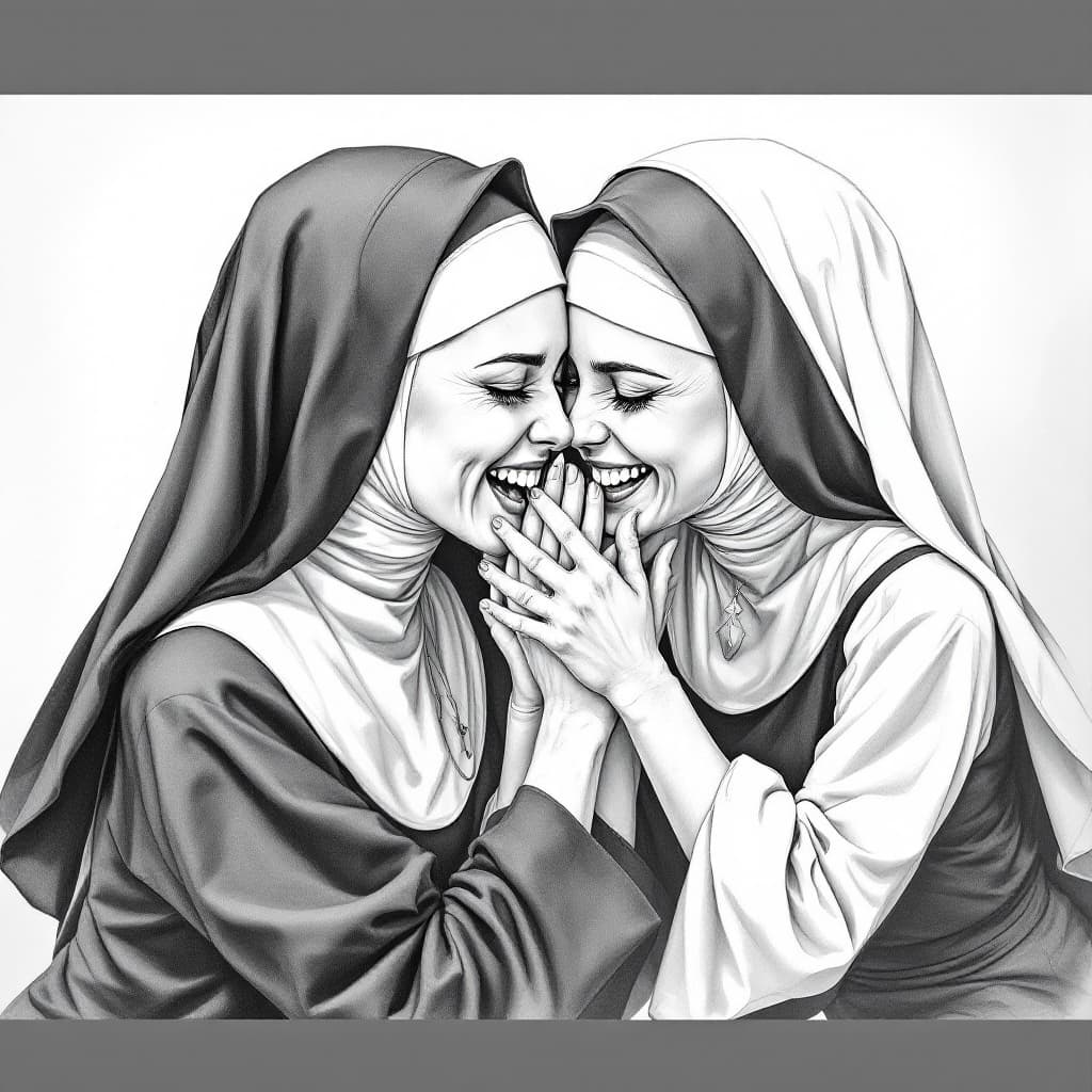 AI generated: Two young beautiful nuns they are wrestling and laughing, pencil drawing in style Adam Hughes --no t...