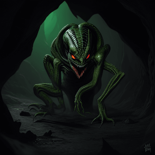 AI generated: Full body photo of a scary alien creature that looks like a reptile with venom coming out from its m...