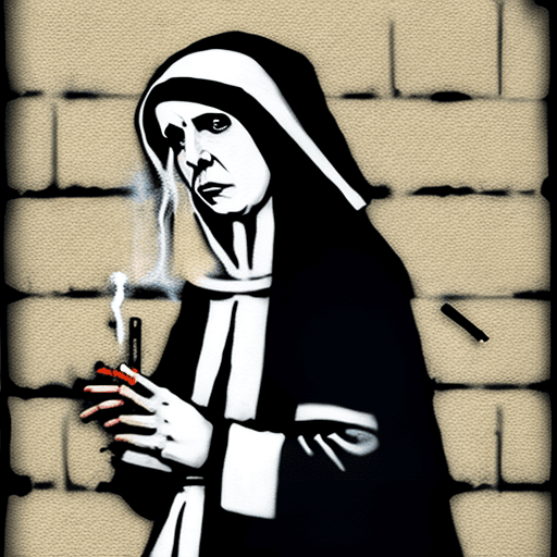 AI generated: a painting of a nun holding a cigarette, style of banksy, religious art, art, nun, banksy graffiti, ...