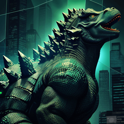 AI generated: a close up of Godzilla (made from a many cristal fragmrnts:1. 2), (crystal cubism:1. 2), with green ...