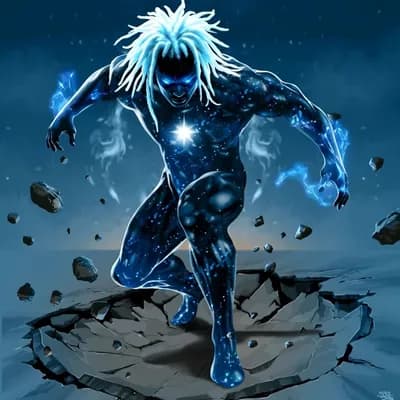 AI generated video: the electricity around the man in the picture surges up and down, his eyes start glowing, the star o...