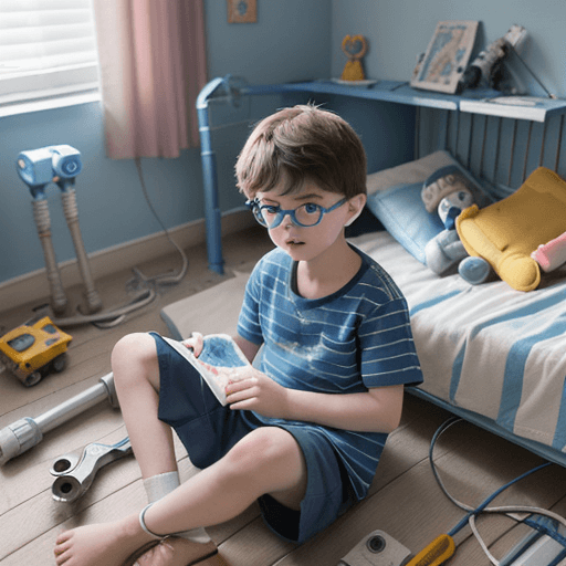 AI generated: Children's book style illustration, watercolor technique on cardboard, a little boy wearing round gl...