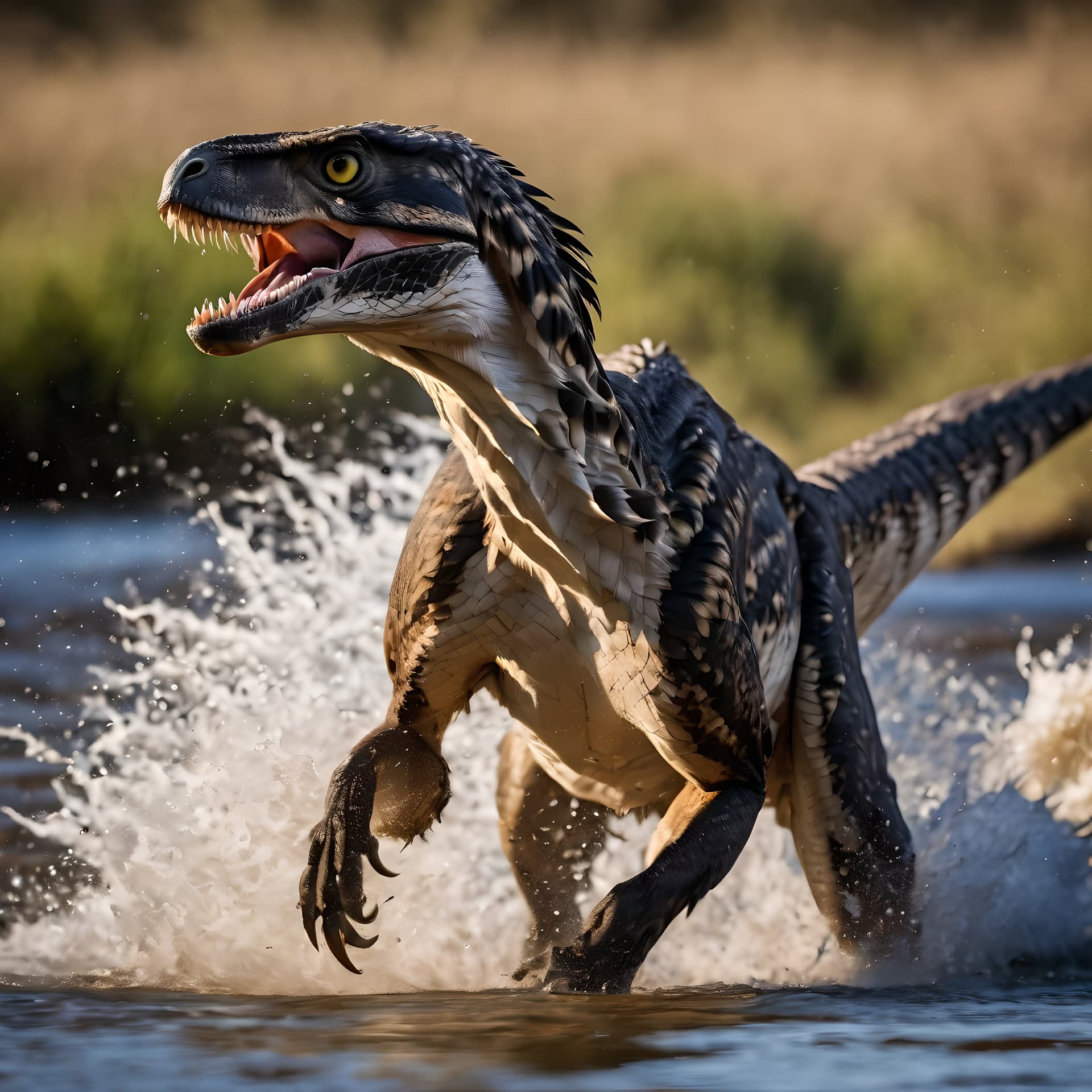 AI generated: A raptor charging through a river, jaws agape, water splashing, detailed claws, depth of field, awar...