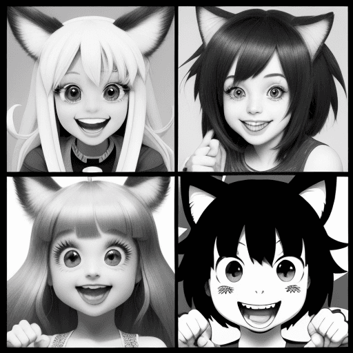 AI generated: Cute pets, cartoons, anime, big smiles,{{{{{{black and white style}}}}}}