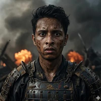 AI generated video: Ultra-cinematic samurai warrior standing alone after a brutal battlefield, staring silently at the e...