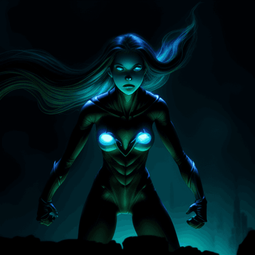 AI generated: will-o'-the-wisp, young female superhero, inspired by frank miller, dark city, atmospheric lighting,...