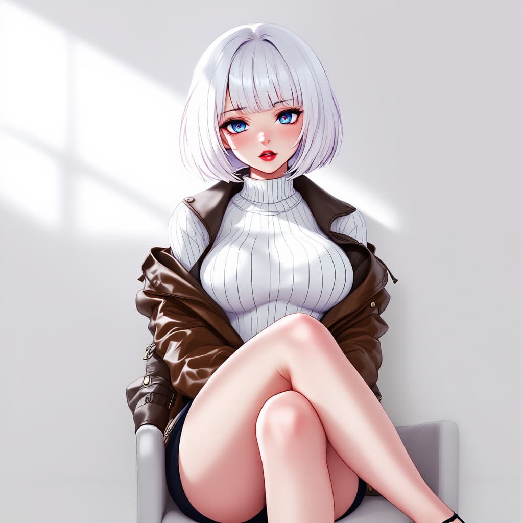 AI generated: anime, woman, white hair, bob cut, blue eyes, freckles, red lips, white sweater, tight sweater, shor...