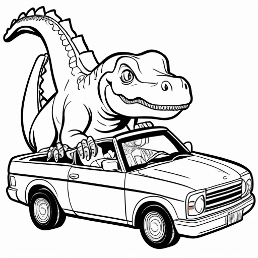 AI generated: dinosaur in car for coloring book