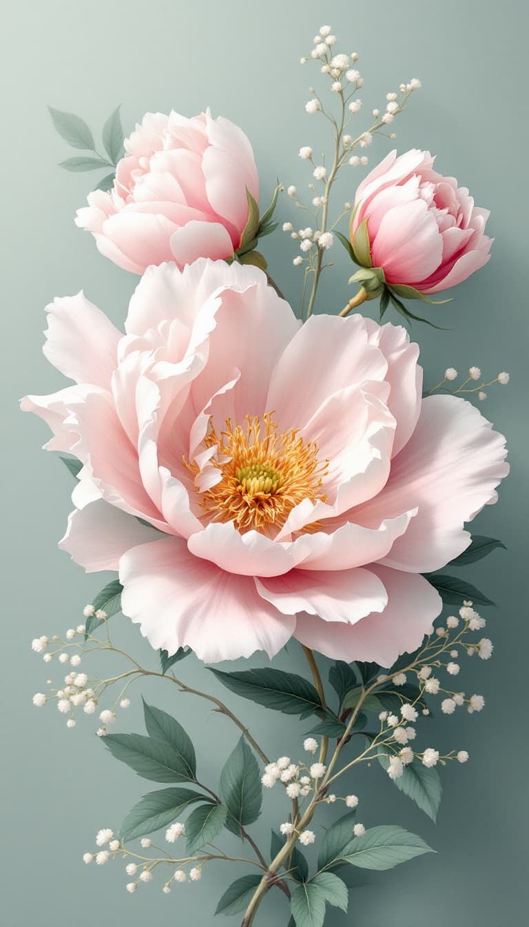 AI generated: Delicate illustration of a blooming pink peony with a pale yellow center surrounded by lush green le...