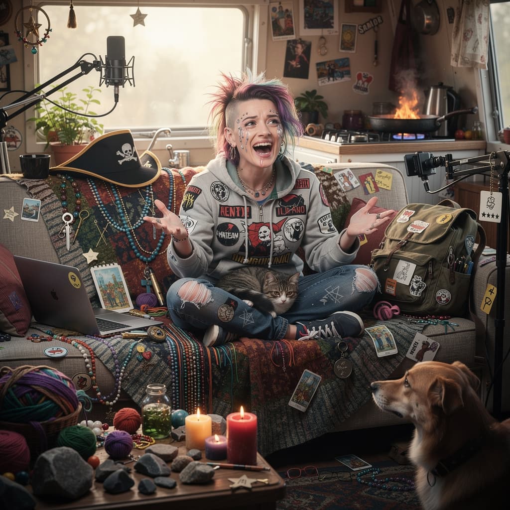 AI generated: A 42  year woman who is a gemini, mom, freelancer, chaos witch, crafter, streamer, hobo, punk, messy...