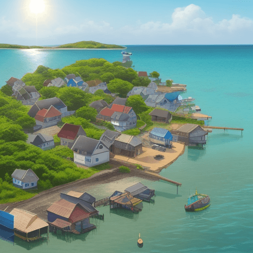 AI generated: a fishing village on a small island, afternoon, sun shining, 