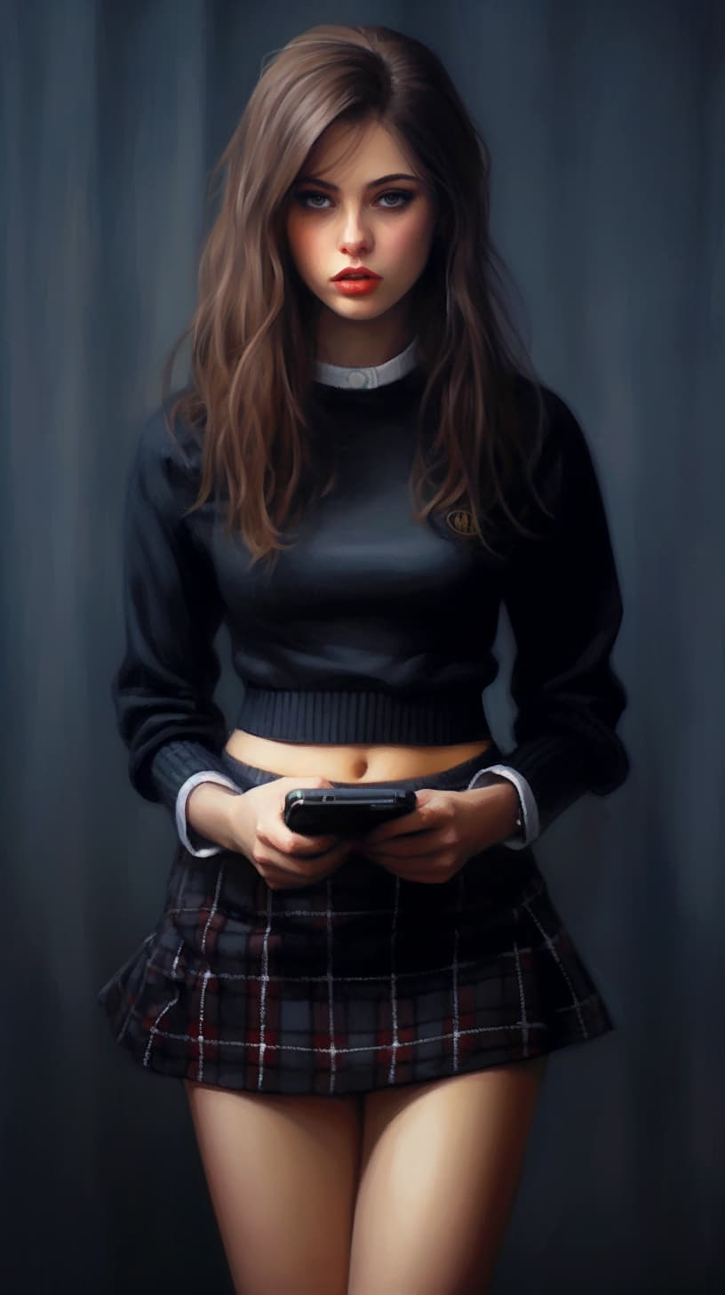 AI generated: Sweet girl holding a smartphone wearing a dark sweater and checkered mini skirt, with long dark brow...