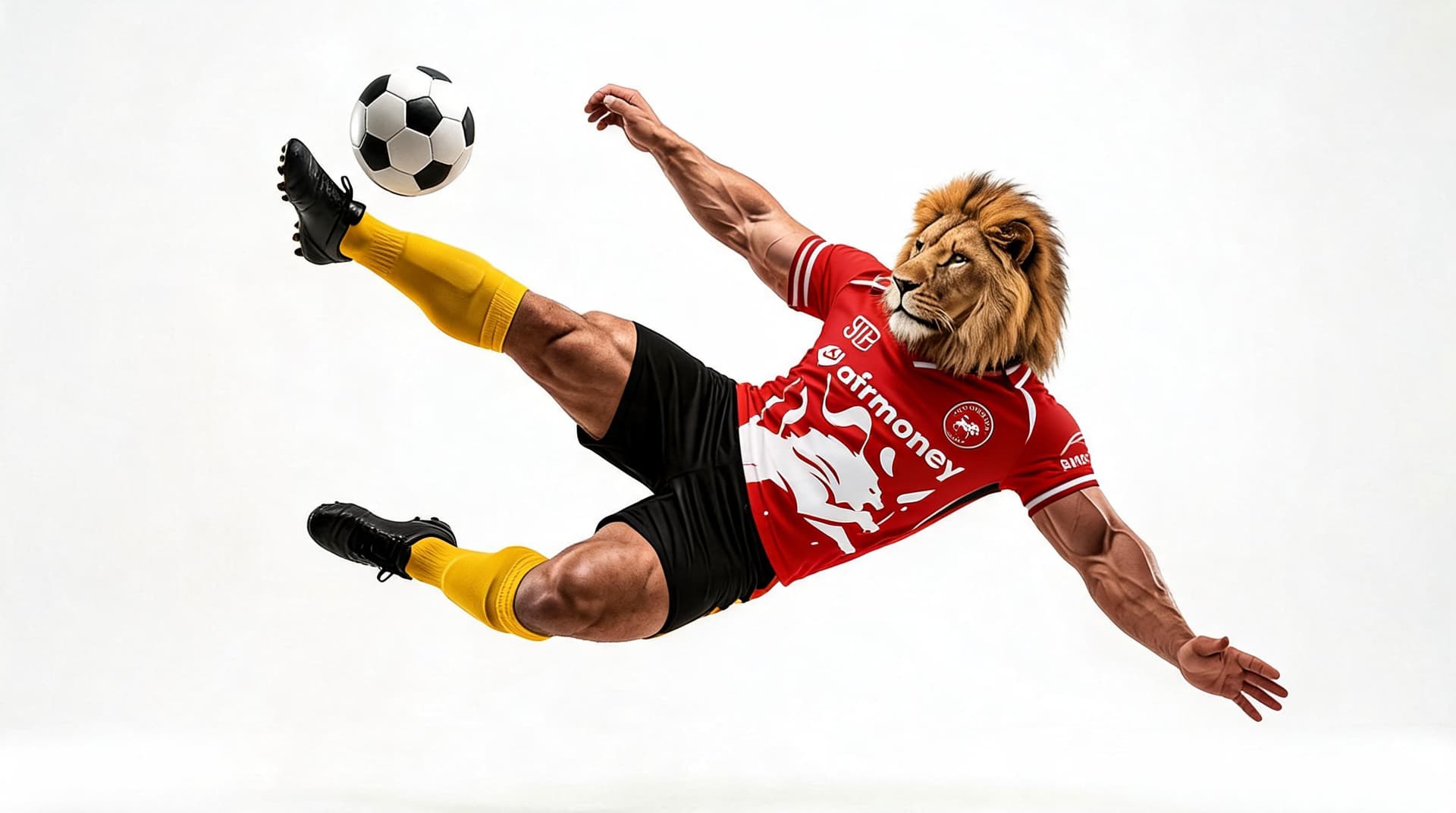 AI generated: replace the yellow jersey of the humanoid lion with the attached red jersey  