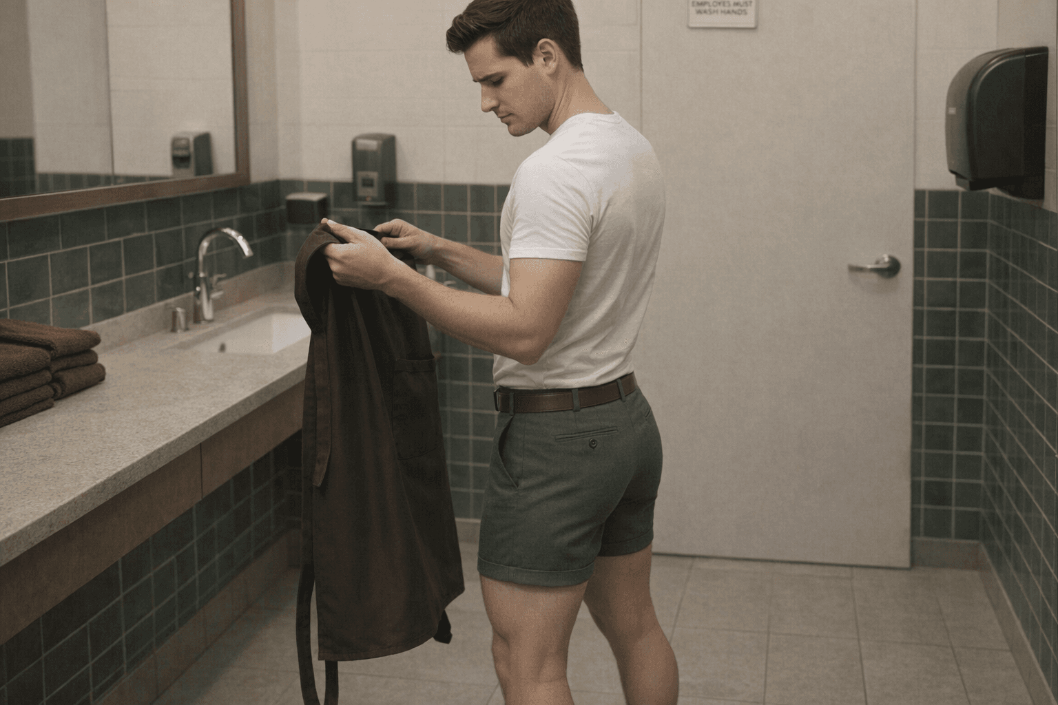 AI generated: The model is at the employees coffee shop restroom. The model is standing while holding a dark brown...
