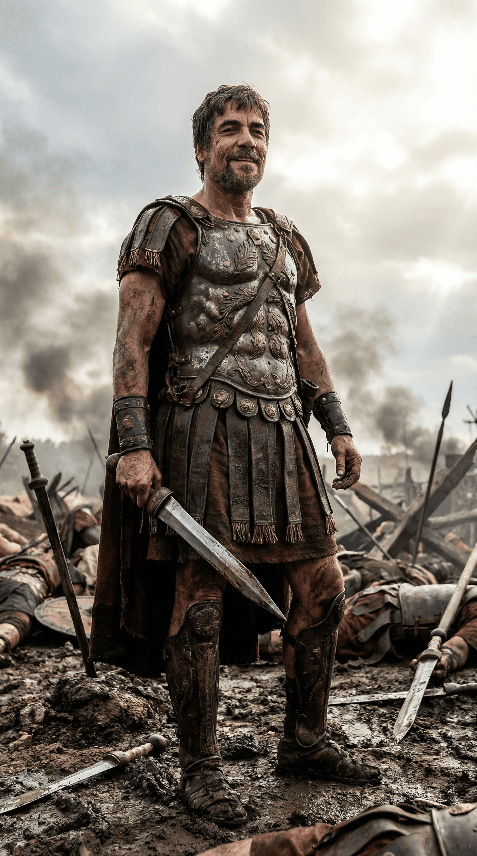 AI generated: A, full body, slight upshot, front photo of a Roman Centurion, without a helmet, stands majestically...