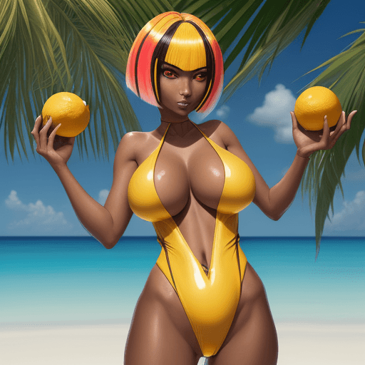 AI generated: The futanari drawn by Dan has citrus (with a neon streak) asymmetric short bob cut, a golden eye, br...