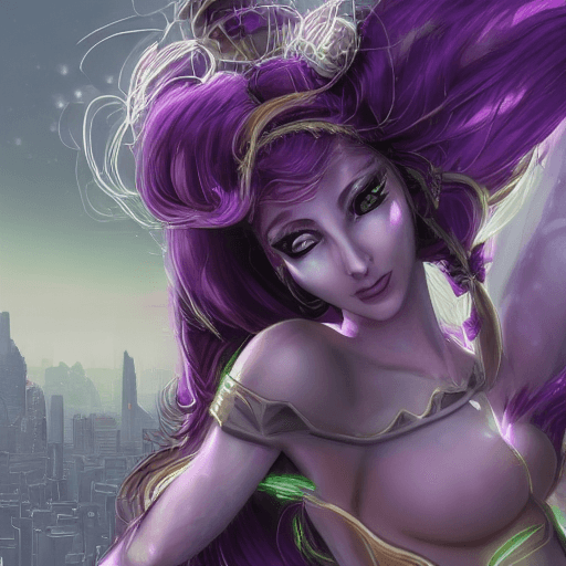 AI generated: a gorgeous draenei girl over a future cityscape, depth of field, oversized shirt, off one shoulder, ...