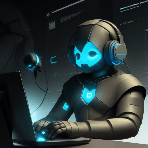 AI generated: futuristic golem sitting in front of computer with headphones and microphone