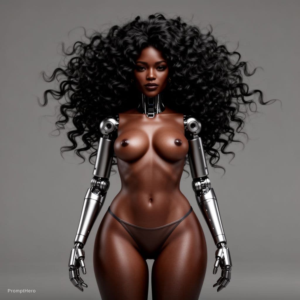 AI generated: Robot with flowing curly black hair black woman features huge tits and wide hips. No clothing 