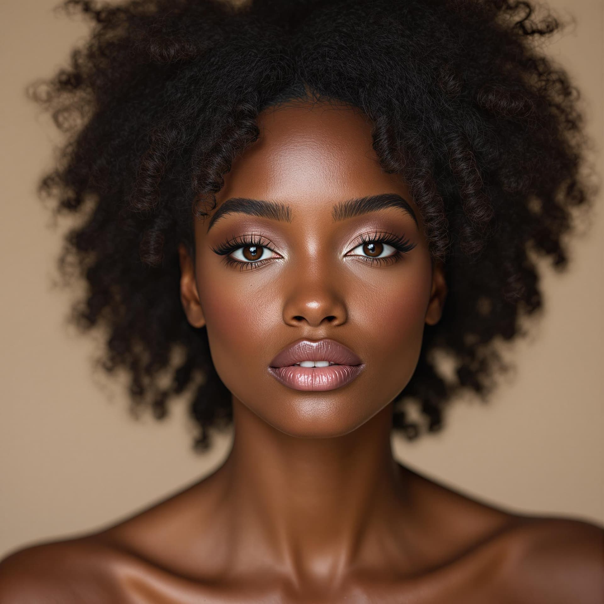 AI generated: A breathtakingly natural beauty with smooth olive skin, large brown eyes, and dark curly hair, looki...