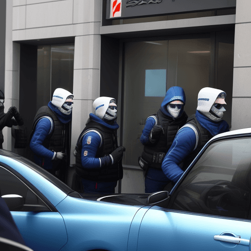 AI generated: A group of men with tatical gear with white ski mask with blue jackets are entering in bank. They ra...