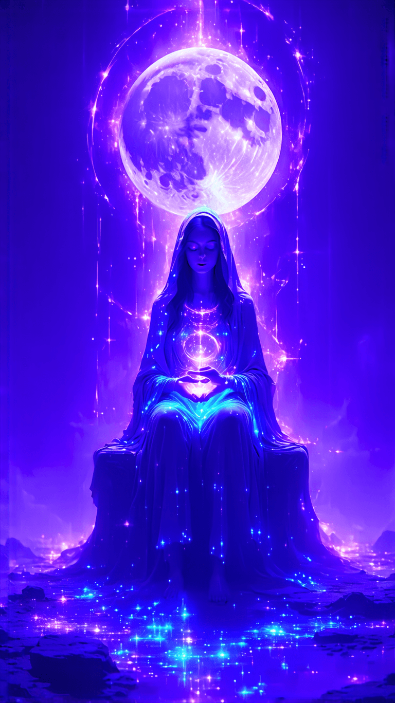 AI generated: “The High Priestess’ Neon Veil” – A mystical, ethereal figure emerges from a neon-drenched cosmic dr...