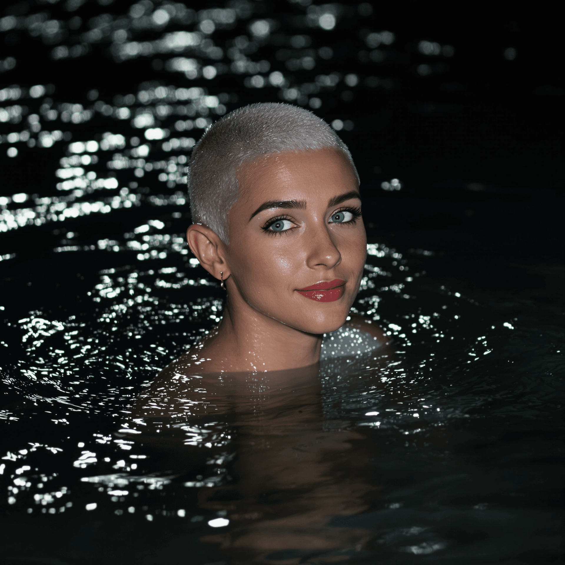 AI generated: A captivating, high-resolution night photograph of a graceful, young, and slender woman with a strik...