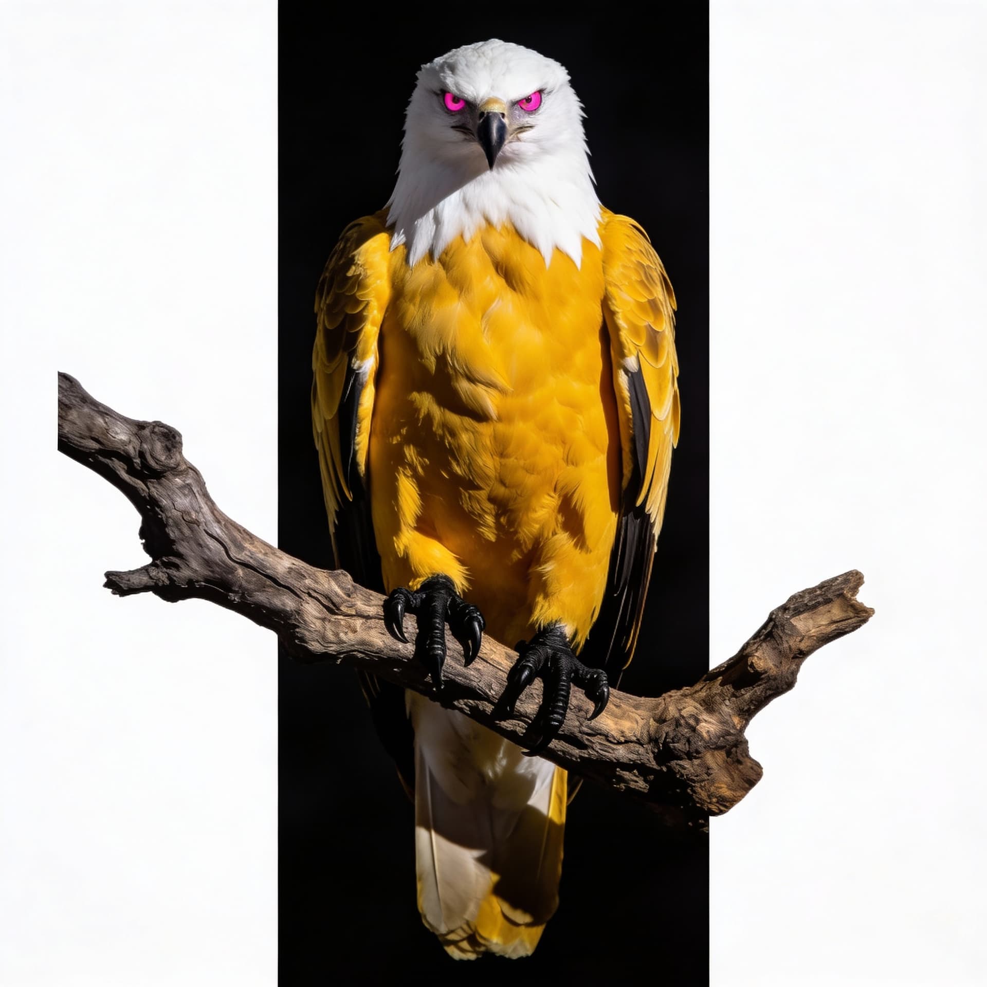 AI generated: Photorealistic eagle with white head and vivid deep yellow wings, perched on branch, hyper-sharp fea...